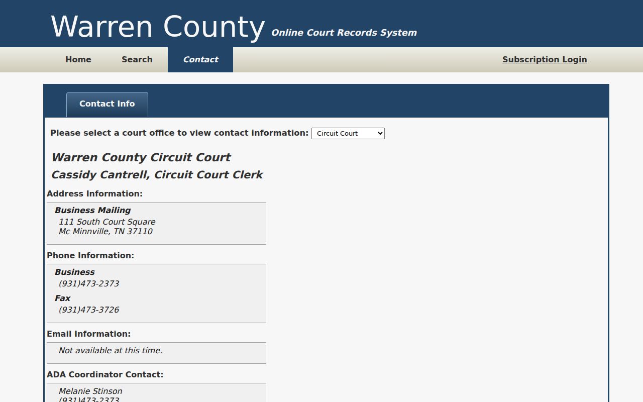 Warren County portal Circuit Court contact display