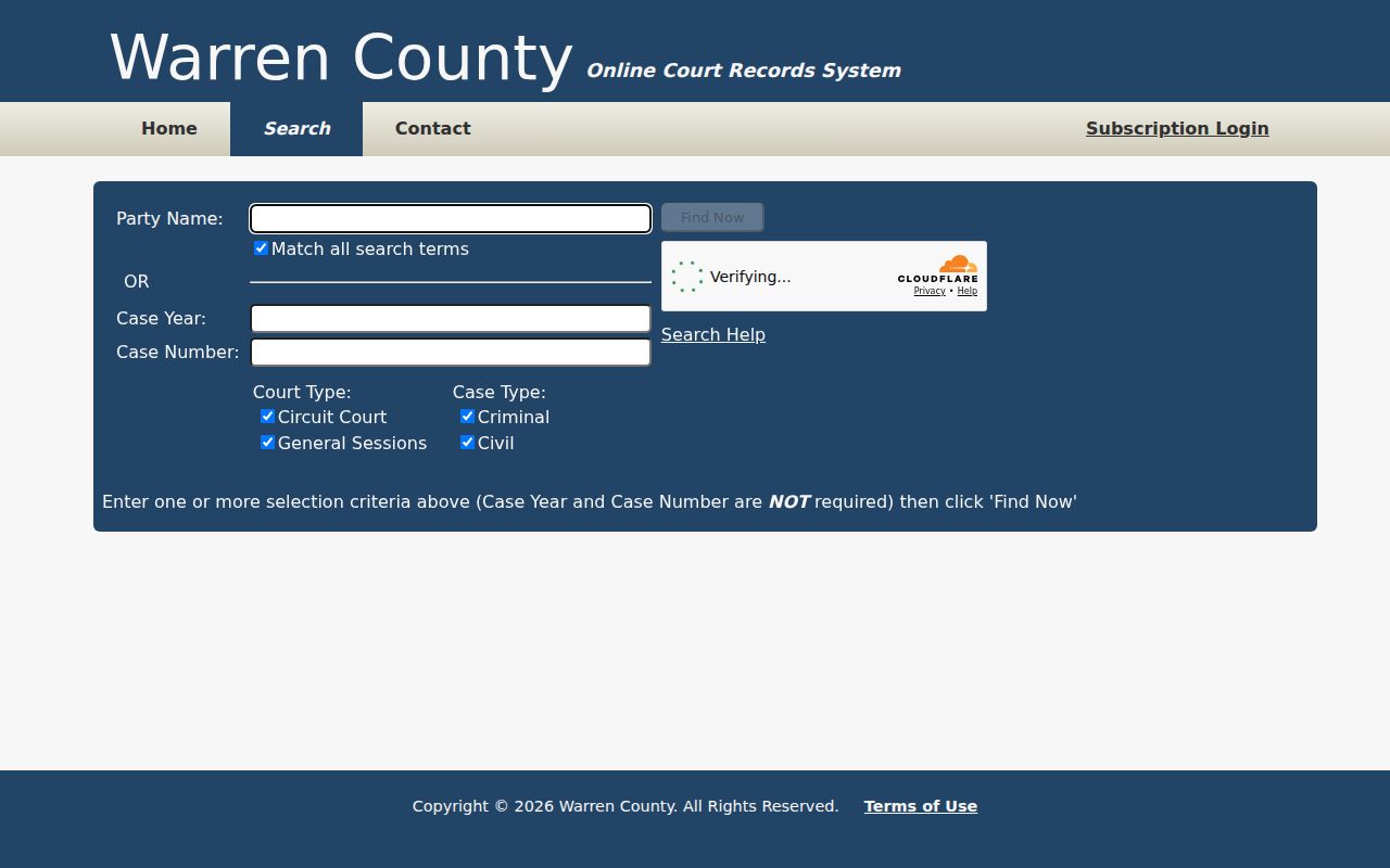 Warren County Online Court Records search form
