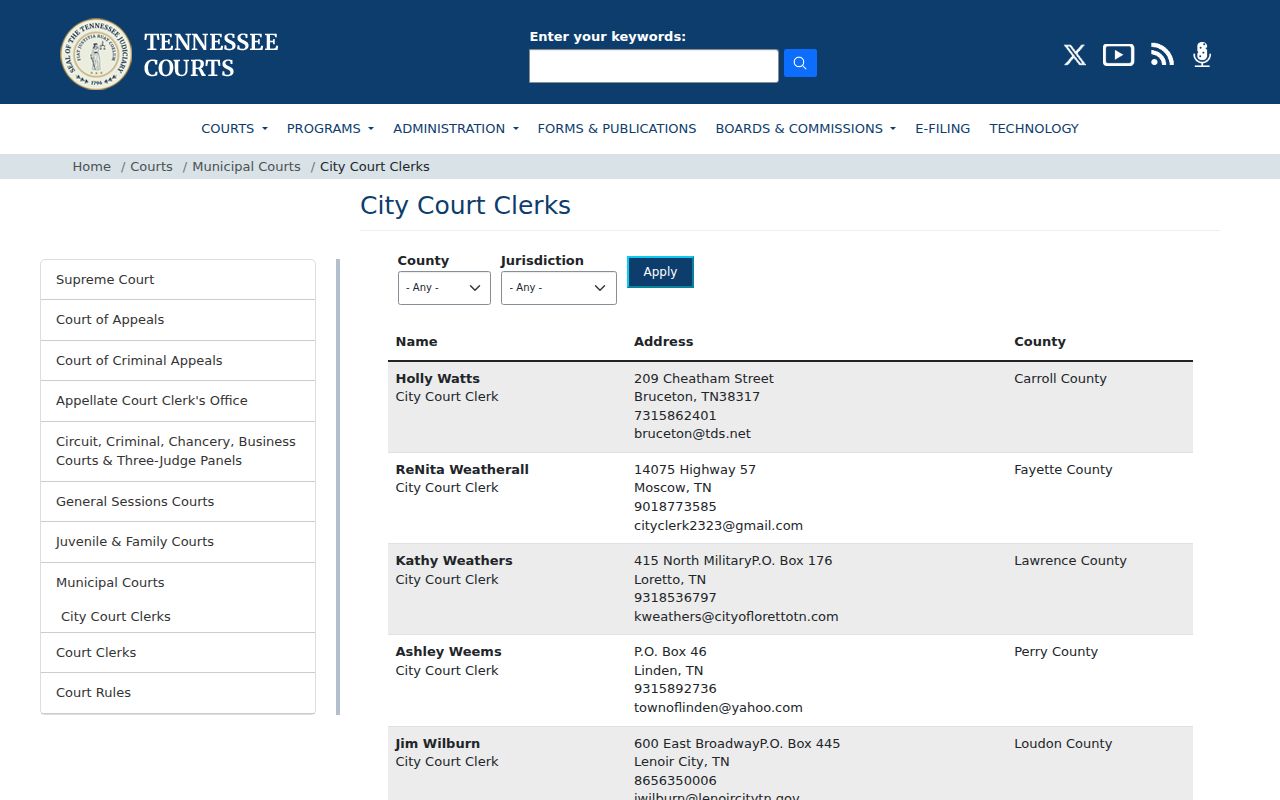 AOC McMinnville city-court clerk directory listing