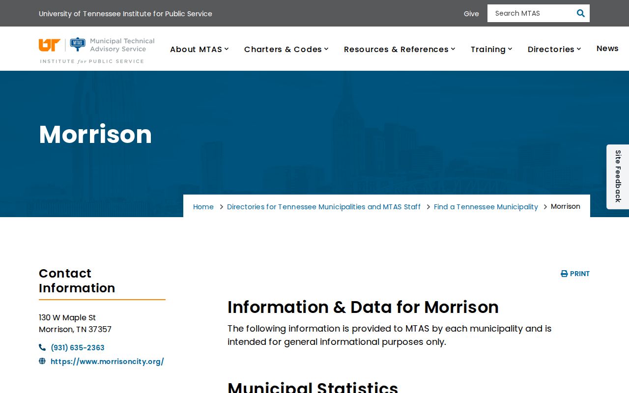 Official UT MTAS directory page for Morrison, Tennessee